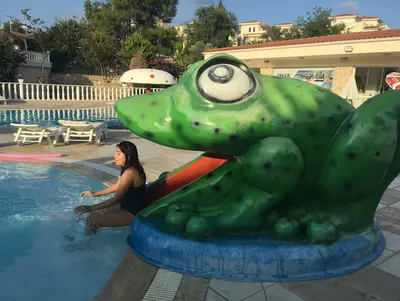 Family Swimming Pool with Exciting Frog Waterslide. An inviting outdoor swimming pool featuring a large green frog-shaped waterslide, where a person is entering the cool blue water. Sun loungers and lush greenery complete this family-friendly area.