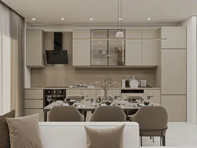Modern Open-Concept Kitchen and Dining Area. A modern open-concept kitchen and dining area with sleek beige cabinets, marble-patterned backsplash, and integrated appliances. A dining table for six is positioned under a contemporary linear pendant light.