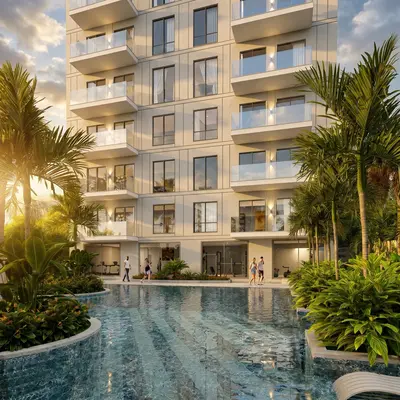 Luxury Modern Apartment Building with Resort-Style Pool. Exterior view of a modern luxury apartment building, featuring a large, irregularly shaped swimming pool, lush green landscaping, and palm trees. Residents are seen walking around the vibrant outdoor social area.