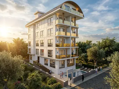 Modern Apartment Building with Balconies and Outdoor Pool. Exterior view of a contemporary apartment building with white facade and multiple balconies featuring golden glass railings. Includes a small outdoor swimming pool and lush green landscaping.