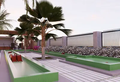 Bujno rekreacijsko područje na otvorenom s mini golfom i palmama. Moderno rekreacijsko područje na otvorenom s mini golf terenom, bujnim palmama i živopisnim cvjetnim gredicama. Uključuje popločani šetalište i vanjsko sjedište za stanovnike.