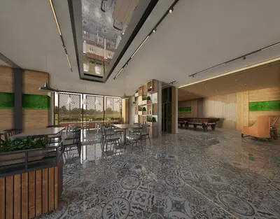 Modern Social Lounge with Dining and Billiards Area. A modern communal lounge featuring stylish patterned floor tiles, track lighting, and wood paneling with green accents. Includes a dining area, a billiards table, and large windows.