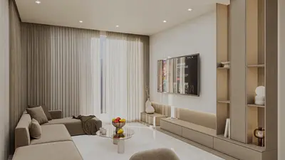 Modern Living Room with Neutral Tones and Sleek Entertainment Unit. A bright, modern living room featuring an L-shaped sofa, glass coffee table, and a wall-mounted TV above a sleek entertainment unit. The room has light tiled flooring, recessed ceiling lights, and sheer curtains covering a large window, creating a serene and well-lit space.