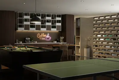 Modern Games Room with Billiards and Coffee Station. A contemporary social area featuring a billiards table, ping pong table, and a coffee bar with a vibrant neon sign. This inviting space boasts stylish wood accents and modern lighting for entertainment.