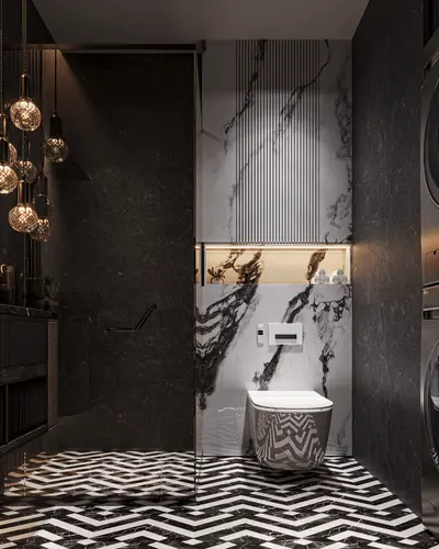 Luxury Modern Bathroom with Marble Walls and Zigzag Flooring. A luxurious modern bathroom with striking black and white zigzag marble floor and dark marble walls. Features a sleek wall-mounted toilet, glass shower, and elegant hanging lights. Very stylish.