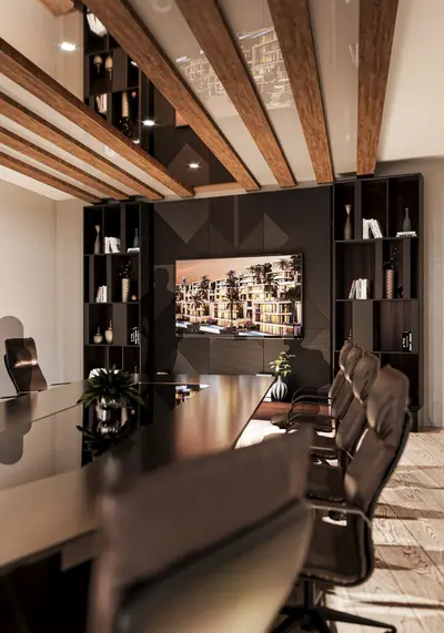 Modern Office Meeting Room with Wooden Ceilings. Modern office meeting room with glossy black table, chairs, and large TV. Features built-in shelves, wooden beam ceiling, and light wood flooring, creating an elegant workspace.