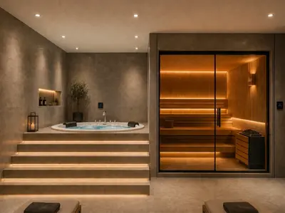 Luxurious Private Spa Room with Jacuzzi and Sauna. Modern luxurious spa room with a bubbling jacuzzi on illuminated steps and a sleek wooden sauna. Features tiled walls, ambient lighting, and loungers for relaxation.