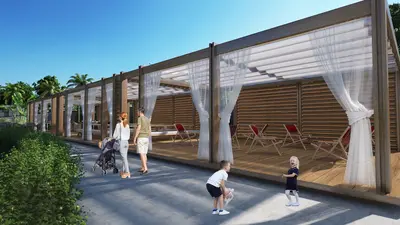 Resort-Style Outdoor Social Area with Stylish Pergolas. A modern outdoor social area featuring wooden pergolas, sheer white curtains, and wooden decking with lounge chairs. Lush greenery and palm trees create a relaxing resort ambiance under a clear sky.