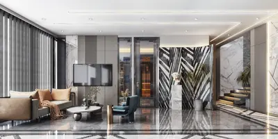 Luxurious Modern Living Room with Marble Floors and Ambient Lighting. Modern living room with polished marble floors, sleek wall-mounted TV, and comfortable sofa. Features elegant strip lighting and sophisticated decor, flowing into a grand marble entrance.