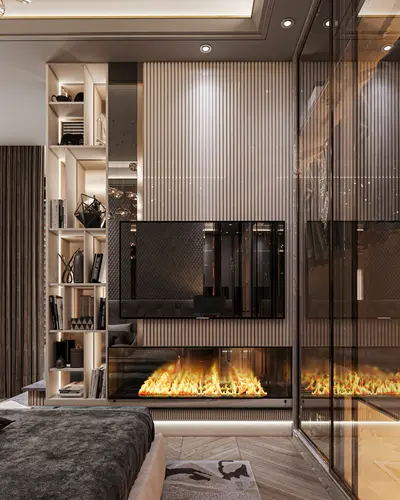 Luxurious Modern Bedroom with Integrated Fireplace and Entertainment Wall. A luxurious modern bedroom with a linear fireplace below a wall-mounted TV. Features include integrated lighted shelving, a stylish slat wall, and a large glass wardrobe.