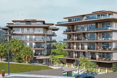 Luxury Residential Complex with Panoramic Balconies and Pool Area. Render of a modern residential complex featuring two multi-story buildings with sleek glass balconies, a vibrant swimming pool area with sun loungers, and lush green landscaping.
