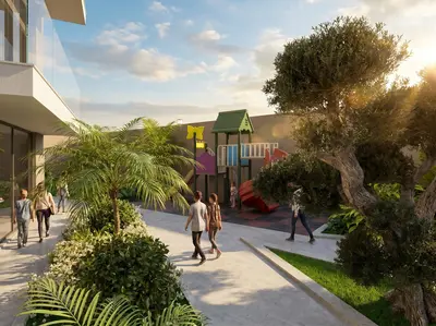Outdoor Playground and Green Space. Outdoor children's playground in a modern residential complex. Features colorful play structures, lush landscaping with palm trees, and sunny walking paths for recreation.