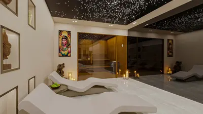 Luxury Spa Relaxation Room with Starlight Ceiling. A modern, luxurious spa relaxation room with a stunning starlight fiber optic ceiling, comfortable lounge chairs, and an elegant sauna. Features light tiled flooring and ambient candle lighting.