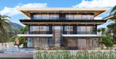 Luxury Modern Villa with Infinity Pool and Mountain Views. Exterior view of a modern luxury villa featuring a multi-level design, infinity pool with waterfalls, and expansive glass windows. Surrounded by lush greenery and offering stunning mountain views.