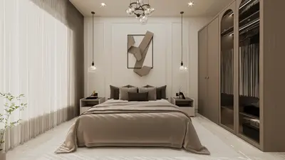 Luxurious Modern Master Bedroom with Integrated Wardrobe Storage. A luxurious modern master bedroom with a large bed and stylish chandelier. Built-in wardrobes with glass fronts provide ample storage. Elegant pendant lighting and sheer curtains complete the serene ambiance.
