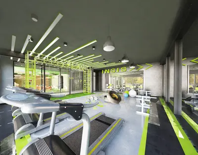 Modern Property Gym with Advanced Fitness Equipment. A modern, well-equipped gym featuring multiple treadmills, functional training rig, punching bag, and free weights. Vibrant green accents on grey walls create an energetic atmosphere.