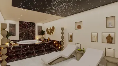 Luxurious Private Spa with Jacuzzi and Starry Ceiling. A luxurious private spa room featuring an elevated jacuzzi with black marble, modern lounge chairs, and a stunning starry fiber optic ceiling. Ambient lighting enhances this serene wellness area.