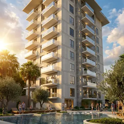 Contemporary Residential Building with Pool and Balconies. Exterior of a modern high-rise apartment building featuring many balconies with glass railings, a large swimming pool, and lush landscaping. People relax poolside on sun loungers.