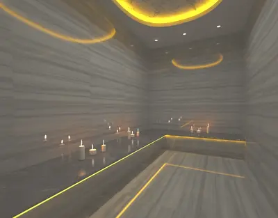 Luxurious Modern Spa Hammam with Ambient Lighting and Marble. A modern and luxurious spa room or hammam, featuring elegant marble walls and flooring. Warm yellow LED strip lighting illuminates the space, complemented by candles for a serene ambiance.