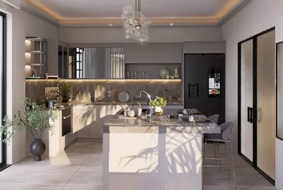 Modern Kitchen Design with Island and High-End Appliances. A modern kitchen with a large marble-top island, integrated sink, and bar seating. Features include sleek light cabinetry, a dark smart refrigerator, and stylish pendant lighting over pale flooring.