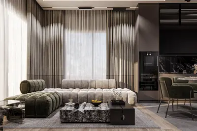 Luxury Modern Living Room with Stylish Sofa Design. A luxurious modern living room featuring a plush modular sofa, a unique marble coffee table, and large windows with elegant drapes. Includes a view of an open-concept dining area.