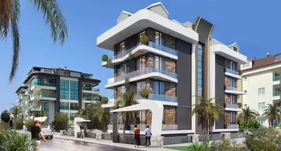 Modern Residential Building Exterior with Balconies and Palm Trees. Exterior of a modern multi-story apartment building with white curved balconies, glass railings, and dark facade. Palm trees enhance the contemporary residential complex along the street.