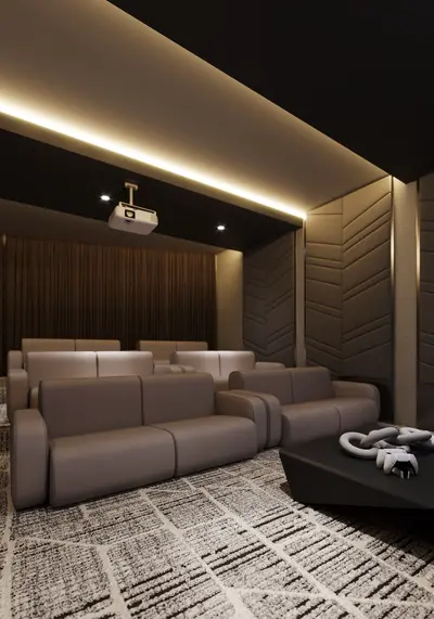 Luxury Home Cinema Room with Projector and Plush Seating. A luxurious home cinema room with multiple rows of comfortable light brown sofas. Features include a ceiling-mounted projector, ambient lighting, dark curtains, and patterned acoustic wall panels.