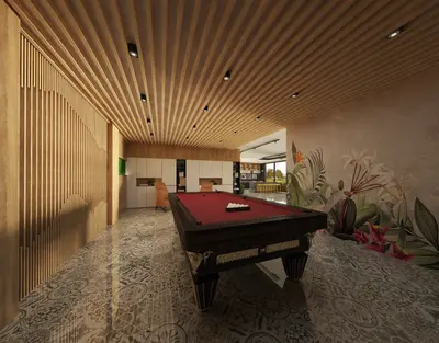 Luxury Entertainment Space with Pool Table and Tropical Mural. A stylish entertainment room featuring a red felt pool table, patterned floor tiles, and a tropical wall mural. Modern design with a slatted wood ceiling and recessed lighting.