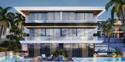 Luxury Modern Villa Exterior with Infinity Pool. Exterior of a luxurious, modern multi-story villa at dusk. Features include large glass windows, balconies, an illuminated infinity pool, and an outdoor lounge area surrounded by palm trees.