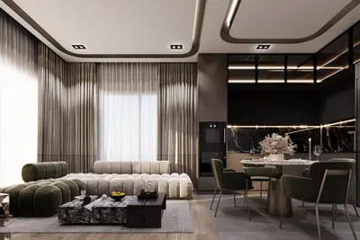 Luxurious Modern Open-Concept Living and Dining Room. A contemporary open-concept living and dining room featuring stylish plush seating, elegant dark curtains, and a sleek dining area with a marble backsplash and modern ceiling lighting.