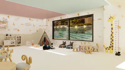 Vibrant Children's Playroom with Pool View and Playful Decor. A bright, modern children's playroom featuring animal-themed wall decor, child-sized furniture, a teepee, and toy kitchen. A large window offers an inviting view of an outdoor swimming pool and lush garden.