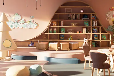 Vibrant Children's Playroom with Creative Bookshelf. A modern and vibrant children's play area featuring a unique curved wooden bookshelf, soft play elements, and whimsical wall decor. Includes child-sized furniture and toy storage.