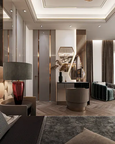Luxurious Modern Bedroom with Stylish Dressing Area and Seating. A luxurious modern bedroom with herringbone wood flooring, recessed lighting, and a plush rug. Features include an elegant dressing table with hexagonal mirrors and a comfortable velvet sofa for seating.
