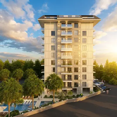 Modern Apartment Building with Resort-Style Pool and Parking. Exterior view of a modern multi-story apartment building featuring sleek design. Includes an outdoor swimming pool with lounge chairs, lush palm trees, and a spacious paved parking area, all under a bright sunny sky.