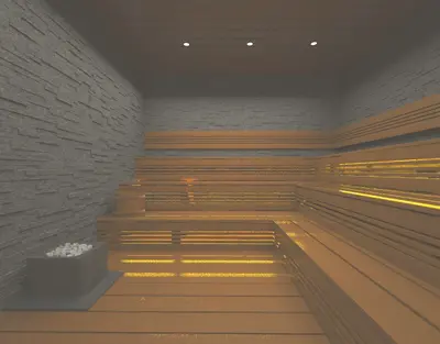 Modern Sauna Room with Stone and Wood Design. A modern sauna room with tiered wooden benches, a textured stone accent wall, and a heater with stones. Warm, subtle lighting creates a relaxing atmosphere for unwinding.
