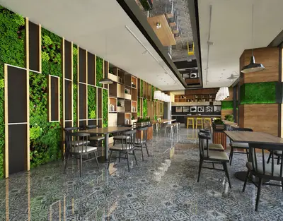Stylish Social Area with Modern Design and Vertical Garden. A modern and vibrant social area, featuring a prominent vertical garden wall. It has ornate patterned floor tiles, contemporary seating, stylish pendant lighting, and integrated wooden shelving.