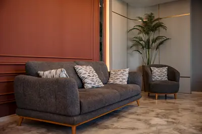 Stylish Modern Living Room with Elegant Grey Sofa. A modern living room featuring a grey two-seater sofa and matching armchair with patterned pillows. The room has elegant marble-effect flooring, a terracotta accent wall, and a decorative plant.