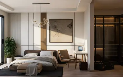Modern Bedroom with Walk-in Closet and Work Nook. A modern bedroom featuring a comfortable king-size bed, sleek wooden flooring, and a unique bubble chandelier. Includes a practical work nook and a stylish walk-in closet.