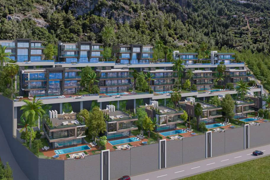 Luksuriøse terrasselejligheder med private pools og bjergudsigt. En luftfoto af et moderne, luksuriøst terrasselejlighedskompleks bygget ind i en grøn bjergskråning. Hver enhed har en privat swimmingpool, glasaltaner og frodig havearkitektur, hvilket tilbyder en sofistikeret booplevelse.
