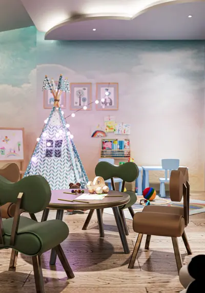 Vibrant Children's Playroom with Creative Learning Space. A modern children's playroom with a teepee, fairy lights, small table, and chairs. Cloud-themed wallpaper and wooden flooring create an inviting space for play and creative activities.