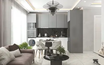 Moderan dnevni boravak otvorenog plana i kuhinja. Elegantan, moderan dnevni boravak i kuhinja otvorenog plana sa podovima od bijelog mramora, ugradbenom rasvjetom i sivim ormarićima. Uključuje trpezarijski sto, udobnu sofu, ugradbenu pećnicu i mašinu za pranje veša.