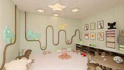 Vibrant Children's Playroom with Engaging Decor. A bright, modern children's playroom featuring green striped wallpaper, star-shaped ceiling lights, wooden animal wall art, and soft pink flooring with various toys, small table, and storage.