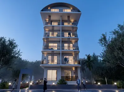 Modern Multi-Story Apartment Building Exterior at Dusk. Exterior view of a modern multi-story apartment building at dusk, featuring curved balconies with glass railings and well-lit windows. Lush greenery and ambient lighting surround the stylish, new construction.