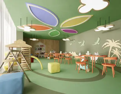 Vibrant Children's Playroom with Creative Ceiling Design. A vibrant children's play area with a wooden play structure, slide, and small activity tables. Features green flooring, colorful leaf ceiling lights, and nature-themed wall decor, perfect for kids.