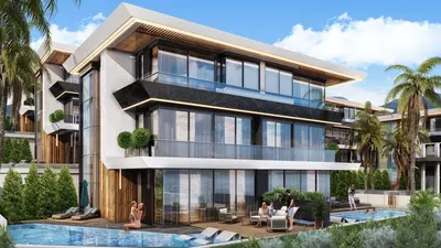 Luxury Modern Residence with Private Pools and Mountain Views. Exterior view of a modern luxury residential complex featuring multiple private pools, outdoor lounge areas, large glass windows, and balconies, set against a backdrop of palm trees and mountains.