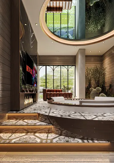 Luxury Spa-like Social Area with Jacuzzi and Fireplace. A luxurious and modern spa-like leisure room featuring a sunken jacuzzi, fireplace, and large smart TV. Ornate patterned floor tiles, wood paneling, and arched windows create an opulent escape.