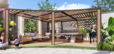 Modern Outdoor Pergola with BBQ and Social Seating Area. A modern outdoor social area under a slatted pergola, featuring wooden deck flooring, a green wall, comfortable seating, and a built-in BBQ with a bar. Ideal for entertaining.