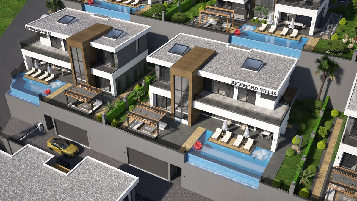 Luxurious Modern Villas with Private Infinity Pools. Aerial view of modern villas, each featuring a private infinity pool, sun loungers, and lush landscaped gardens. The luxurious complex boasts contemporary architecture and outdoor living spaces.