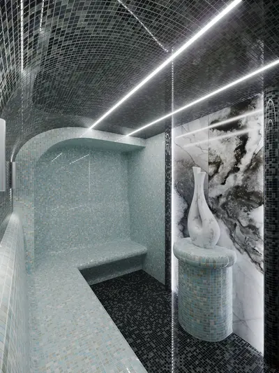 Luxurious Modern Steam Room with Mosaic Tiles and LED Lighting. A luxurious and modern steam room featuring curved blue and grey mosaic tiles, built-in seating, and linear LED ceiling lights. A marble wall accent and decorative vase complete the opulent spa ambiance.