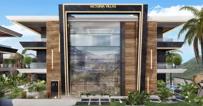 Modern Luxury Villa Exterior with Scenic Mountain Views. Exterior of a grand, modern luxury villa building featuring a prominent glass entrance, dark marble, and wooden panels with vertical lighting. Lush gardens, palm trees, and scenic mountain views surround the property.